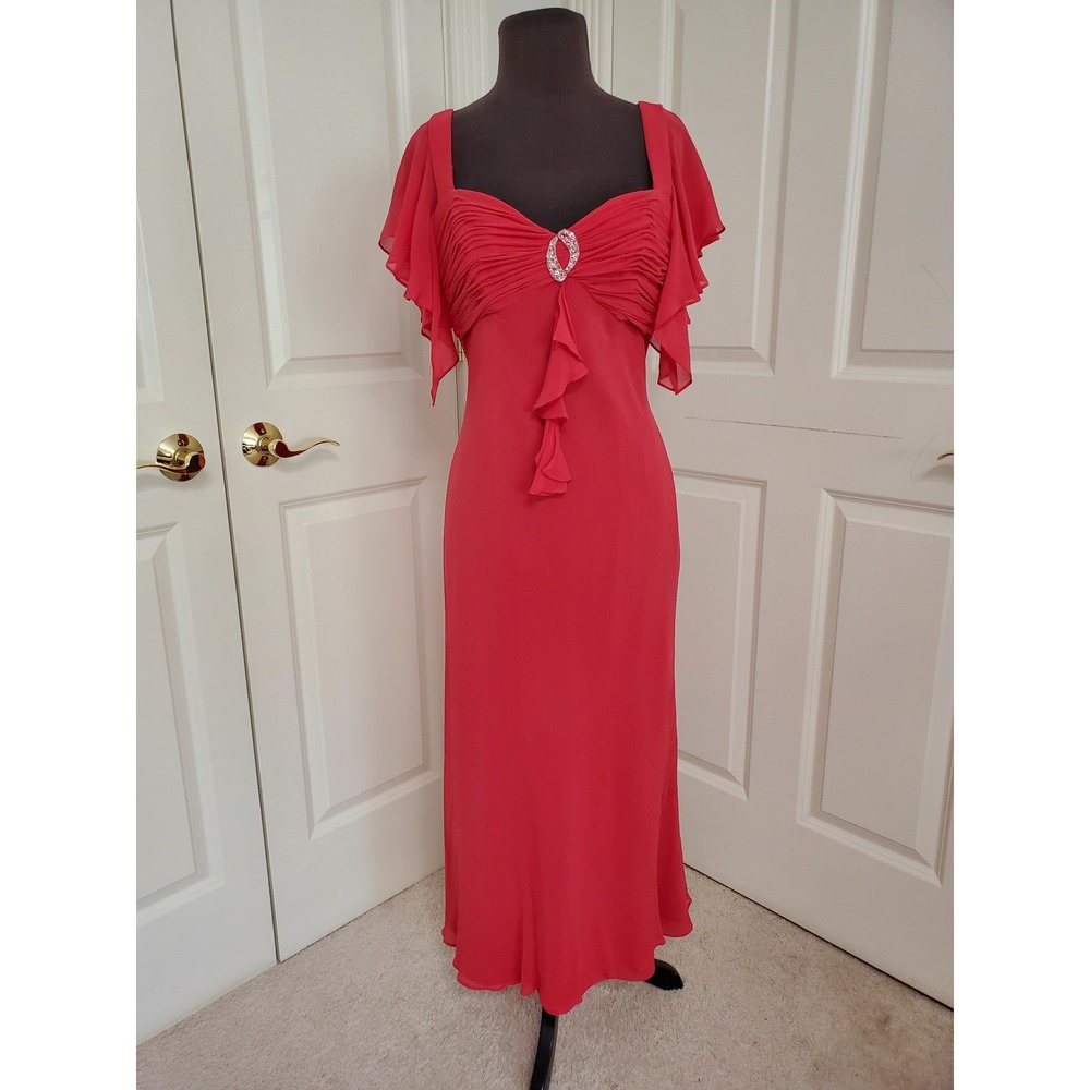 Vtg Adrianna Papell Red 100% Silk Beaded Ruched Flutter Bridgerton Gown Dress 10